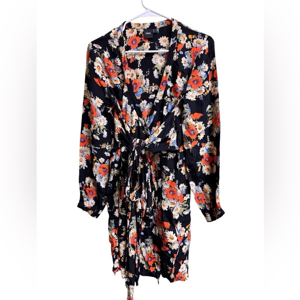 ASOS Black Floral Long Sleeve Wrap Dress with Orange & White Blooms